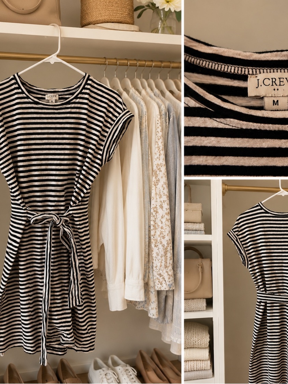J. Crew Black and White Striped Tie-Waist Mini Dress